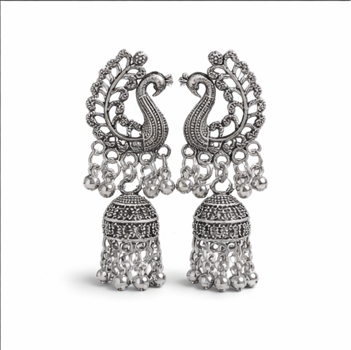 Elegant Silver Oxidized Jhumka Earrings – Traditional Peacock Design Statement Jewelry