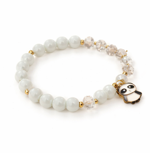 Cute Panda Charm Beaded Bracelet – White Pearl Style Elastic Wrist Jewelry for Girls