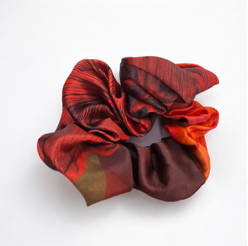 Red Abstract Printed Satin Scrunchie – Stylish Hair Tie for Girls & Women