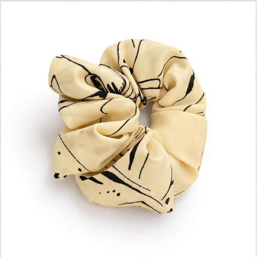 Beige Printed Satin Scrunchie – Elegant Hair Tie for Girls & Women
