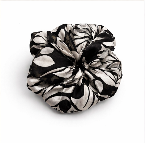 Black & White Printed Satin Scrunchie – Stylish Hair Tie for Girls & Women