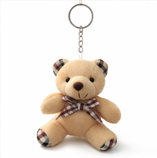 Cute Teddy Bear Keychain with Soft Plush Design & Check Bow Detail
