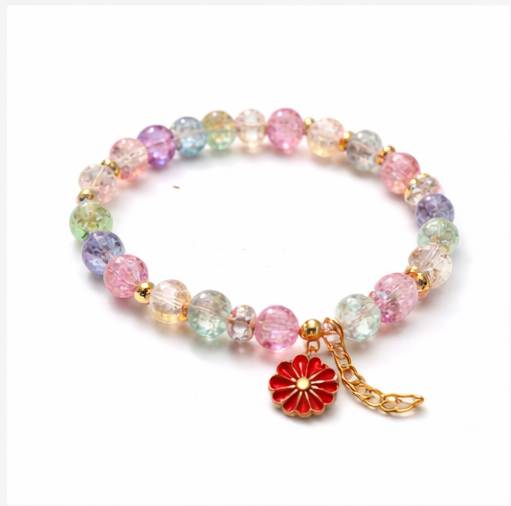 Pastel Multicolor Crystal Beaded Bracelet with Red Floral Charm & Gold Accents for Women