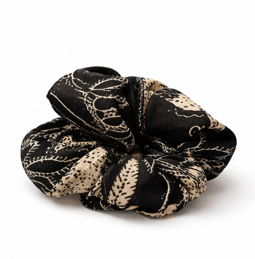 Black Printed Fabric Scrunchie with Elegant Pattern Design for Women