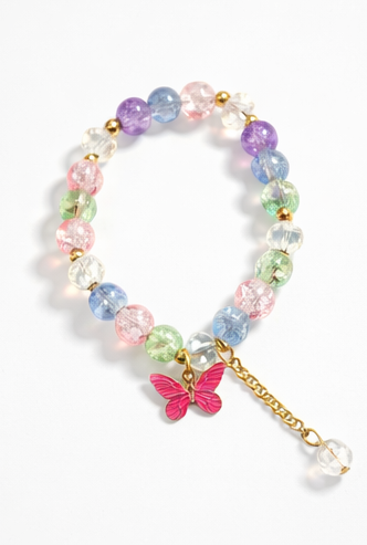 Multicolor Crackle Bead Bracelet with Pink Butterfly Charm & Gold Chain Detail for Women