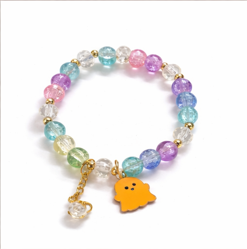 Multicolor Crystal Beaded Bracelet with Cute Yellow Ghost Charm & Gold Chain Accent for Women