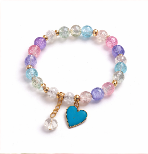 Multicolor Pastel Crystal Beaded Bracelet with Blue Heart Charm & Gold Accents for Women