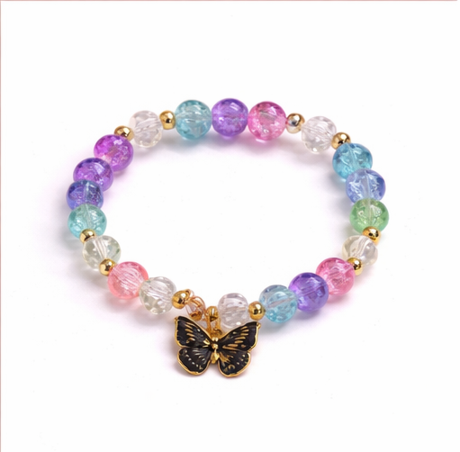 Multicolor Crystal Beaded Bracelet with Black Butterfly Charm & Gold Detailing for Women