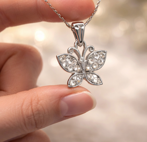 Elegant Silver Butterfly Pendant Necklace with Crystal Detailing for Women