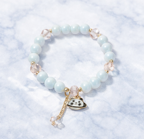 Pastel Blue Beaded Bracelet with Cute Charm & Gold Accent for Women
