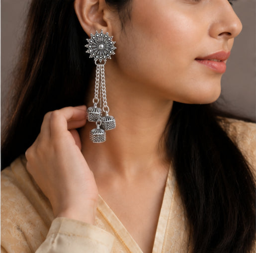 Oxidised Silver Plated Floral Long Chain Jhumka Drop Earrings for Women & Girls | Traditional Ethnic Statement Earrings | Lightweight Party & Festive Wear