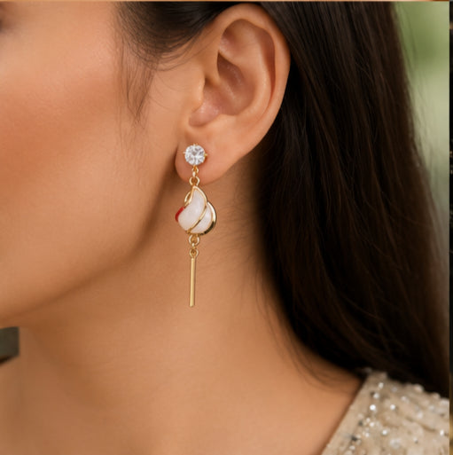 Gold Plated Shell Drop Earrings for Women | CZ Stone Dangle Earrings with White Enamel Leaf Design | Lightweight Fashion Jewelry | White & Gold | Party, Wedding & Daily Wear