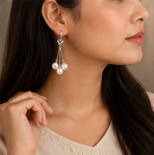 Silver Plated Pearl Drop Dangle Earrings for Women | Elegant Knot Design with Faux Pearl Tassels | Lightweight Statement Earrings for Party, Wedding & Daily Wear
