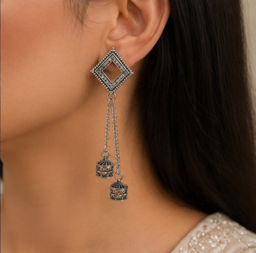Oxidised Silver Geometric Dangle Earrings for Women | Antique Finish Chain Tassel Drop Earrings | Lightweight Ethnic Fashion Jewelry | Party, Wedding & Daily Wear