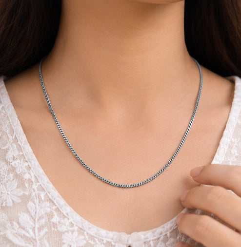 Product Name + Stainless Steel Silver Flat Link Chain Necklace for Men & Women | Premium Polished Finish | Lightweight Daily Wear, Party & Festive Jewellery