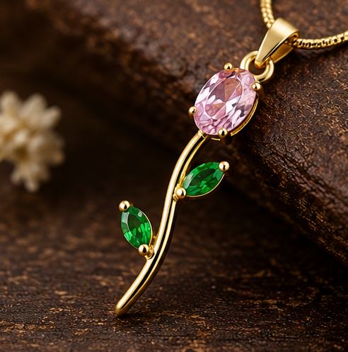 Elegant Pink & Green Tulip Flower Pendant Necklace for Women