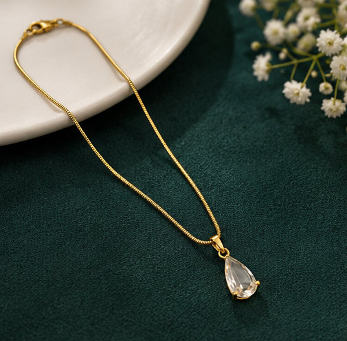Gold Tone Teardrop Pendant Necklace for Women, Stainless Steel Chain with Faceted Crystal Charm, Elegant Jewellery for Weddings, Festivals, Parties & Daily Wear