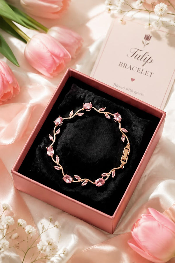 Pink Tulip Vine Bracelet – Elegant Floral Crystal Charm Bracelet