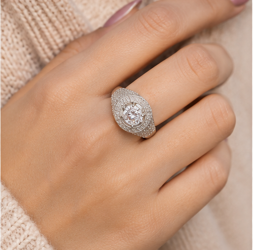 Silver-Tone Adjustable CZ Solitaire Statement Ring for Women | Cubic Zirconia Crystal Finger Ring | Party, Wedding & Daily Wear