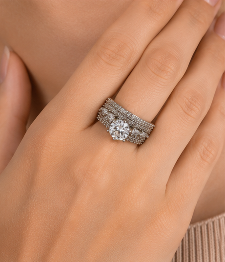 Adjustable Statement Ring for Women Silver Tone Floral Design with Sparkling Crystal Look Open Band for Wedding Party Festive Wear