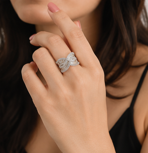 Luxury Silver-Plated Baguette CZ Bow Statement Ring for Women | Premium Party Wear Adjustable Finger Ring  AD Ring 117