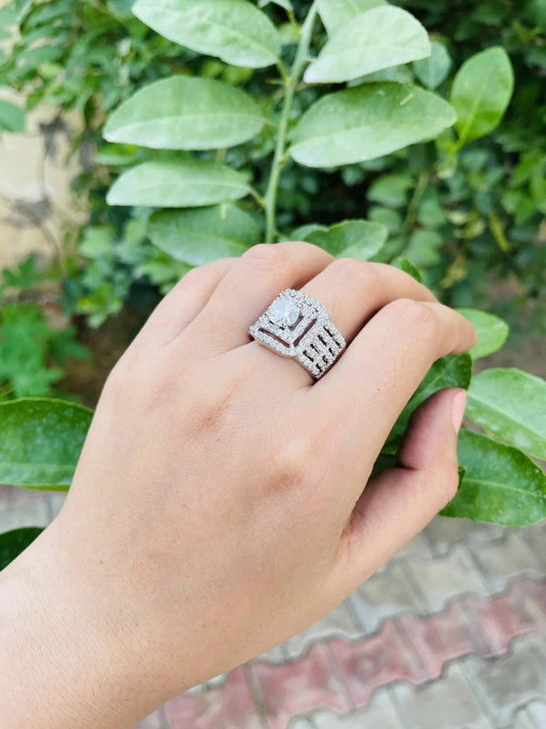 Statement Ring for Women Silver Tone Geometric Square Halo Design with Sparkling Crystal Look Wide Band for Party Wedding Festive Wear | AD RING 71