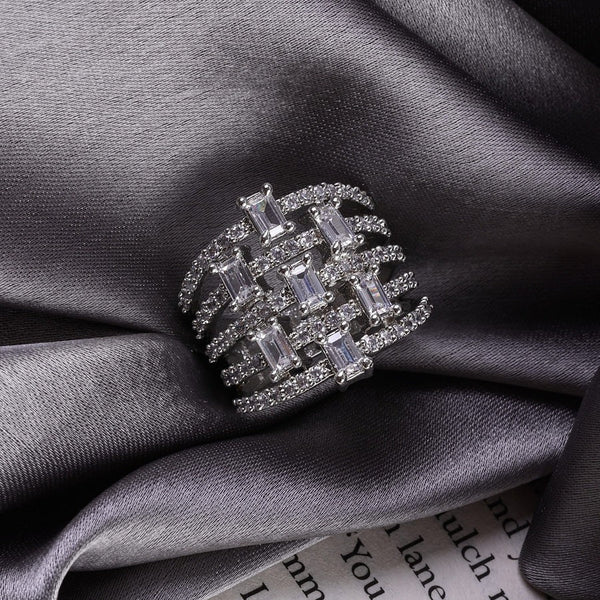 Luxury Silver-Plated Baguette CZ Statement Ring for Women | AD RING 64